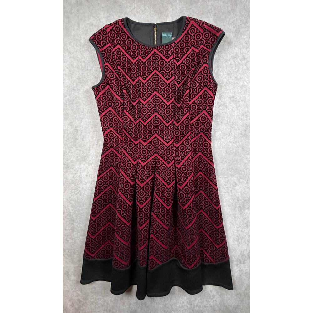 Gabby Skye Womens Size 8 Dress Red Black Flocked Velvet Fit Flare Cocktail